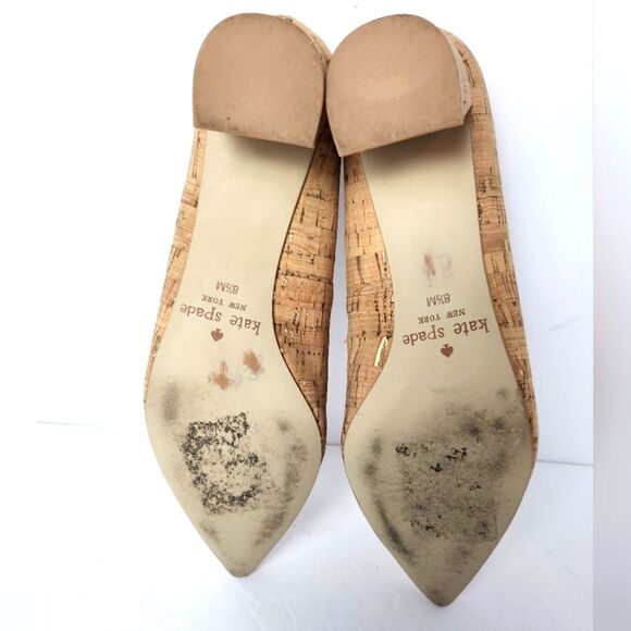 Kate Spade Aerial Block Heels Pointed Toe Cork Gold Flecked Tan Pumps Size 8.5M - Picture 7 of 8